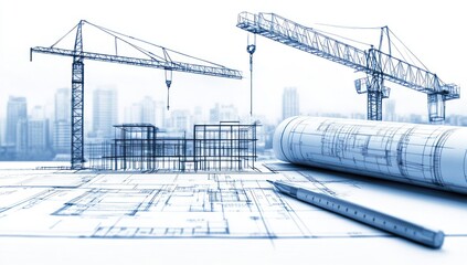 Aufkleber - Architectural blueprint with construction cranes and plans, symbolizing development and design.