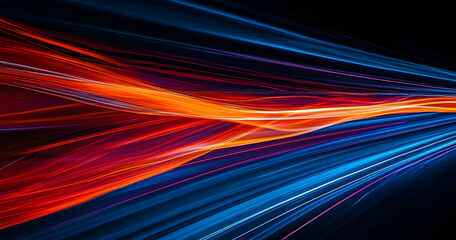 Wall Mural - Speed of Light: Abstract streaks of vibrant red, orange, and blue light trails blur across a dark highway, symbolizing rapid movement, velocity, and technological advancement.