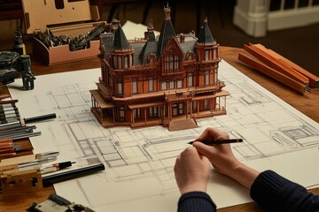 Poster - A detailed architectural model of a mansion is being sketched and refined on paper.