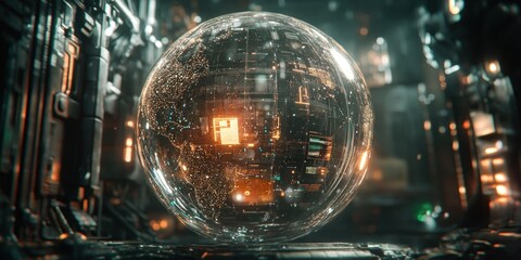 Fototapete - A futuristic, glowing orb encapsulating intricate technology in a dark, high-tech environment.