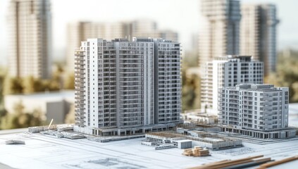 Aufkleber - A detailed architectural model of urban buildings on blueprints, showcasing modern design.