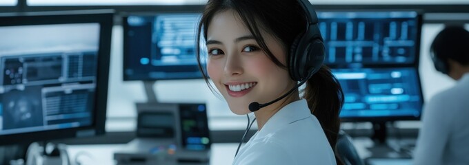 Poster - A smiling woman in a headset works in a modern tech control room with multiple screens.