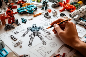 Poster - A hand sketches a robotic figure amidst scattered toy models and design elements.