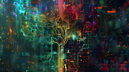 Abstract colorful circuit tree digital art.