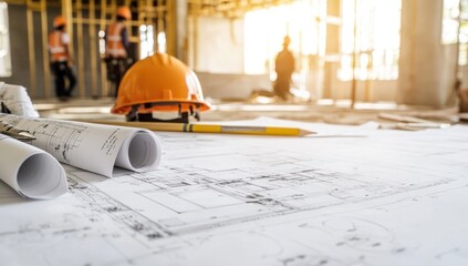 Aufkleber - Construction site with blueprints, hard hat, and workers in the background.