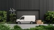 © pengzphoto - Electric delivery van unloading packages at green environment with wind turbines urban transport scene sustainable logistics setting side view