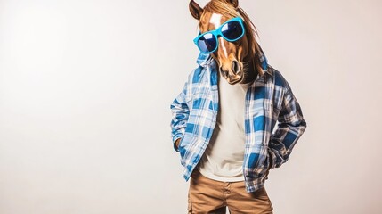 Leinwandbilder - A person wearing a horse mask and sunglasses, dressed casually, posing confidently.