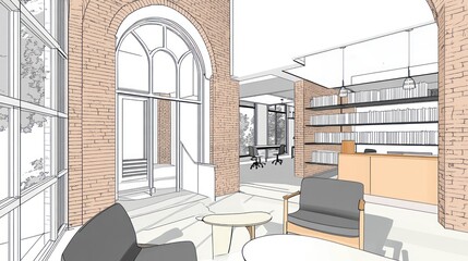 Aufkleber - A modern interior space with large windows, bookshelves, and seating areas.