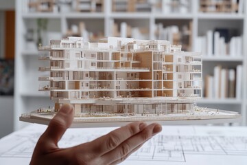 Poster - A hand holds a detailed architectural model of a modern building.