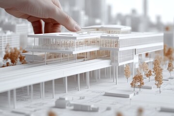 Poster - A hand adjusts a detailed architectural model of a modern building in an urban setting.
