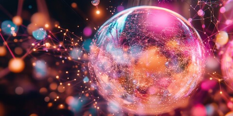 Leinwandbilder - A vibrant, abstract representation of a bubble surrounded by glowing connections and particles.