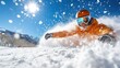 © svastix - An action-packed shot of a snowboarder in full gear, skillfully maneuvering through a spray of fresh snow on a sunny mountain day, epitomizing excitement and energy.