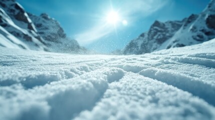 A peaceful view of untouched snowy mountain terrain bathed in sunlight, highlighting the pristine and pure beauty of winter landscapes under a clear blue sky.