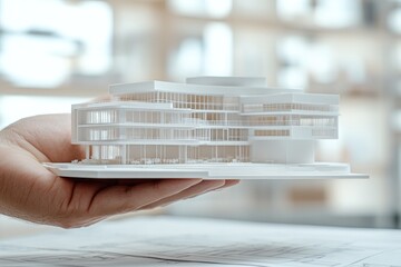 Poster - A hand holds a detailed architectural model of a modern building design.