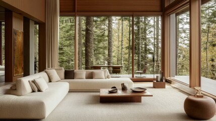 Wall Mural - Minimalist home interior design of modern elegant living room with panoramic forest view, cream sofa, minimalist decor, and warm wood paneling