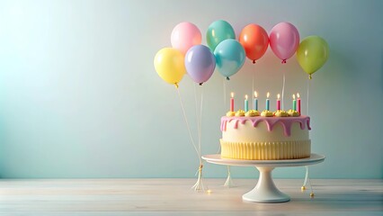 Wall Mural - Pastel Birthday Cake with Balloons and Candles on a White Cake Stand