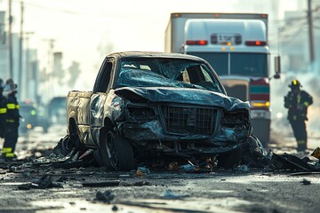 Wall Mural - A realistic depiction of an accident involving a pickup truck and a container truck. The scene reveals significant damage and the severity of the collision between the two vehicles.

