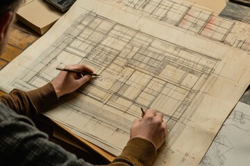 Poster - A person sketches architectural plans on large paper, showcasing design and creativity.