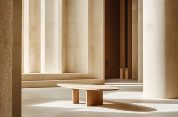 Leinwandbilder - A serene interior space featuring minimalist design with wooden furniture and soft lighting.