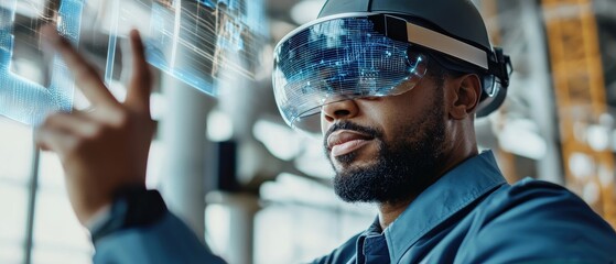 Fototapete - Engineer at a wind turbine farm using holographic wind speed and efficiency data displayed through AR glasses