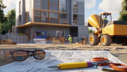 Aufkleber - Construction site with blueprints and equipment in the foreground.