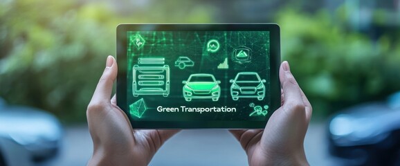 Aufkleber - Hands holding a tablet displaying green transportation icons and concepts.