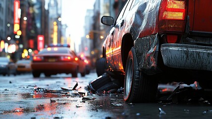 Wall Mural - A detailed image showcasing the collision between a pickup truck and a car. The scene captures the extent of the damage and the impact of the crash on both vehicles.

