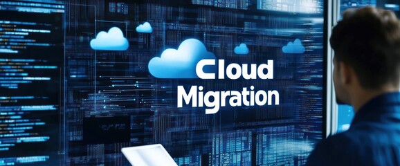 Poster - A person viewing a digital display focused on cloud migration technology.
