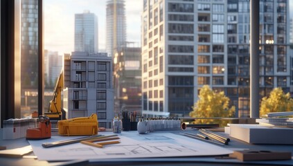 Poster - A workspace with architectural plans and models, overlooking a city skyline.