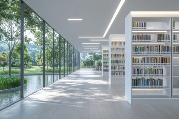 Aufkleber - Modern library interior with large windows, bookshelves, and a serene outdoor view.