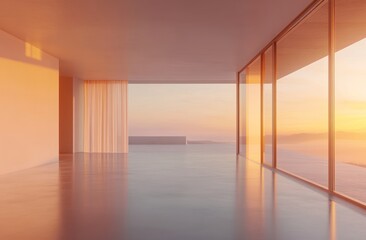 Poster - A minimalist interior with large windows showcasing a sunset view.