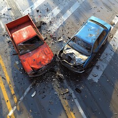 Wall Mural - A detailed image showcasing the collision between a pickup truck and a car. The scene captures the extent of the damage and the impact of the crash on both vehicles.

