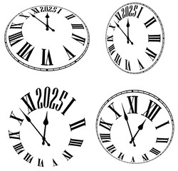 Canvas Print - Four black and white clock face designs featuring Roman numerals and traditional clock hands, focusing on the countdown to 2025. A timeless and classic design concept.