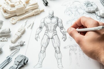 Poster - A hand sketches a superhero figure surrounded by various toy parts and design tools.