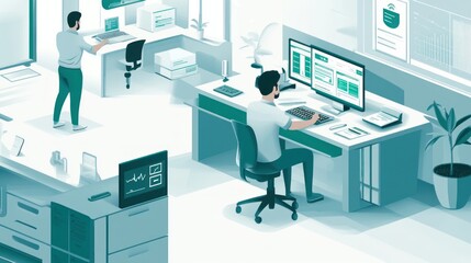 Aufkleber - Modern office scene with workers engaged in data analysis and technology use.