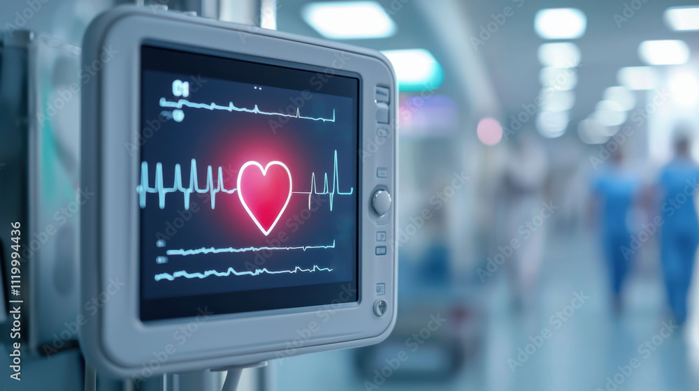 Emergency from heart attack concept. Medical monitor displaying heart ...