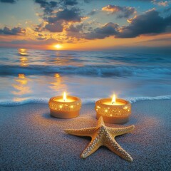 Leinwandbilder - Starfish with golden candles with fire on sandy beach with sea. Birthday, Christmas, New Year. Holiday in hot countries. Copy space