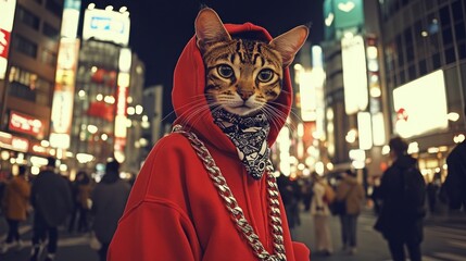 Leinwandbilder - A surreal image of a person with a cat's head in a bustling urban setting.