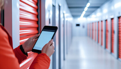 A customer uses a mobile app on his phone to open his storage unit, with storage boxes guarded by CCTV cameras visible in the background.