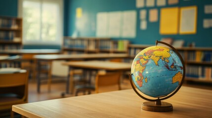 Poster - School globe on desk with textbooks and shelves in classroom setting