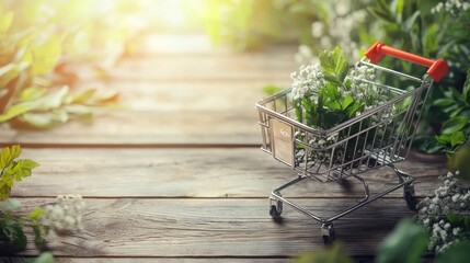 Wall Mural - miniature shopping cart filled with fresh greenery