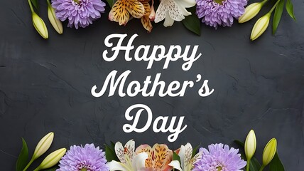  Festive Flat-Lay Mother's Day Design with Colorful Flowers and Elegant White Cursive Text on a Dark Gray Background
