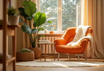 Wall Mural - Minimalist home interior design of modern living room. Serene reading corner with orange armchair, small side table and lush green plant. The natural light highlights soft rug and warm-toned wall