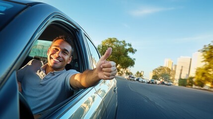 Latino man happy, sticking his head and one hand out of the car, while having the other hand on the steering wheel to drive