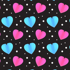 Wall Mural - Seamless pattern with colorful heart.Blue and pink hearts repeat pattern isolated on black background.Valentine love background wallpaper.Vector graphic illustration paper cut out.