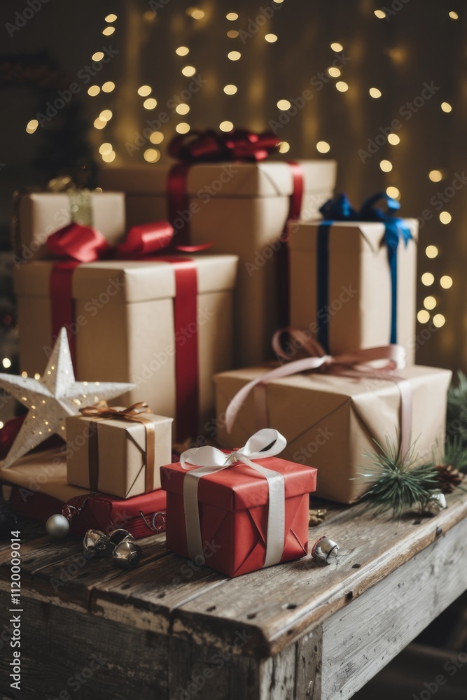 Elegant Christmas Gift Boxes Wrapped in Kraft Paper with Red and Silver ...