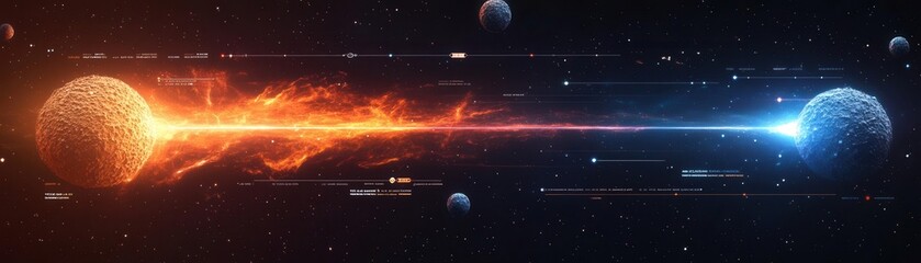 a cosmic scene depicting two celestial spheres, one emitting fiery orange energy and the other glowi