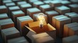 © Saim Art - Innovative concept showing a glowing light bulb emerging from a cardboard box among many closed boxes in a creative and thought-provoking setting