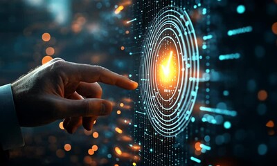 A hand interacts with a futuristic digital interface, showcasing technology and data visualization.