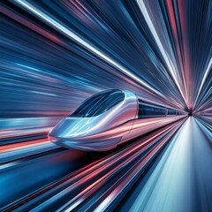 Aufkleber - Fast modern express passenger train no high speed railway in hyperloop moving from flash light. Futuristic technology, hi tech future digital transport, hyperloop concept. Low pole 3d abstract